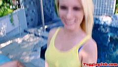 Beautiful teen tugging and sucking outdoors near neighbors
