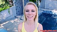 Beautiful girl amuses herself with masturbation outdoors, trying different techniques