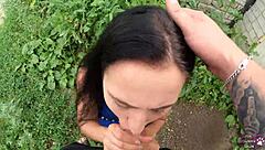 Horny Student Gives Blowjob Behind Garages With Cum