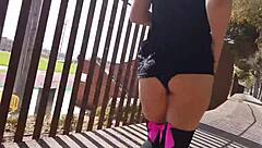 A girl has a great fun making love with boyfriend outdoors