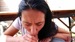 Guy is lucky to get a blowjob from an attractive girl in the yard