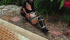 blonde teen beauty gets tangled up in park bondage