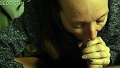 Blue-Eyed Brunette Takes Huge Cum Mouthful On Bed!