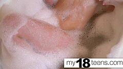 Cute teen 18+ babe feels intense orgasm in bath closeup