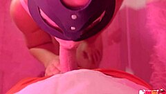 the young 18+ teen gives a pov blowjob, licking monster cock before swallowing cum in mouth