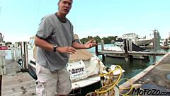 brunette model deepthroats big cock and gets cum on tits