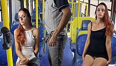 Skinny Redhead Student Flashes Her Ass Under Skirt on Crowded Bus in Public