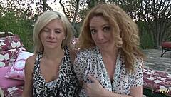 This small tit blonde lesbian enjoys mature pussy eating