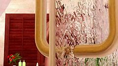 Nude blonde bathes in shower, showcasing big tits