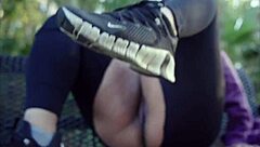 Ebony woman enjoys outdoor solo time