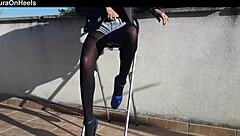 Petite Latina milf rocks denim shorts, black tights, and stunning 8-inch heels