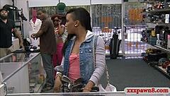 ebony babe sucks pawn keeper's monster cock