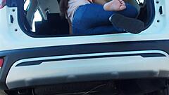 Asian girl Tina's urgent piss stop turns into cock sucking outdoors