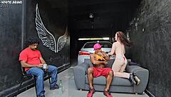 Brazilian slut dances close, notices hard cock, fucks in garage threesome