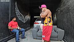 Brazilian slut dances close, notices hard cock, fucks in garage threesome