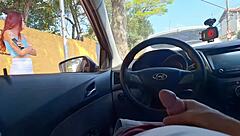 risky handjob for redhead slut flashing at bus stop