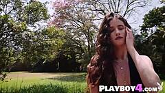 Sexy teen Megan Blake shows off her big natural tits outdoors