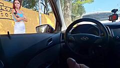 risky handjob for redhead slut flashing at bus stop