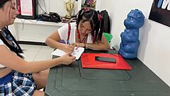 Two Young Girls Threesome In Classroom