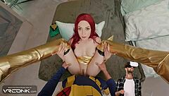 Sexy redhead Phoenix in heels deepthroats big cock. She rides in X-Men cosplay parody.
