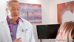 Hey, watch this teen babe choke on doctor’s huge shaft!  