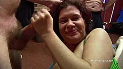 Guy licks cum off woman's face after heavy facial