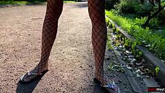 Teen 18+ flashes ass plug in fishnet pantyhose publicly