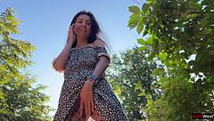 Public solo upskirt flashing with ass plug in fishnets, wild!