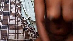 In the early morning, a skinny girl teases in bed solo