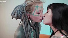 Alternative teen goth gets anal fucked with huge toys, squirting orgasm in lesbian shaved pussy play