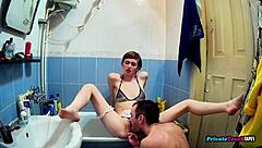 Slim maid teases with blowjob before bending over in bathroom
