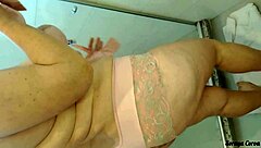 Mother-in-law in bath trying lingerie for son-in-law and friend dp