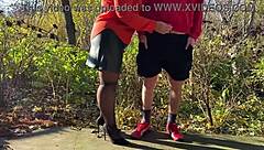 hey, this mature milf loves grabbing my cock outdoors during pee time