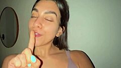 Pretty latina girl masturbates solo on couch, showing tight asshole