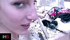 blonde girl fucked outdoors in countryside with cum in mouth