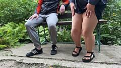 Step son peeps at step mother's natural tits while she bends over outdoors