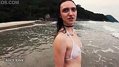 Alice kink strips micro bikini at public beach exhibition