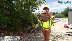 Blond with natural tits masturbates at construction site