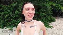 Alice kink strips micro bikini at public beach exhibition