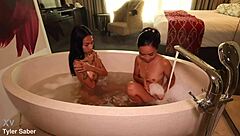 filipina step sisters enjoy bareback threesome cumshot