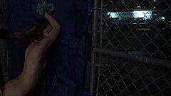 Does the teen masturbate with dildo before rough doggystyle outdoors?