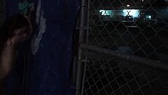 Does the teen masturbate with dildo before rough doggystyle outdoors?