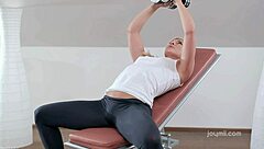 Beautiful blondes engage in cute kissing at the gym with pornstars.