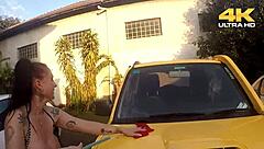 girls in public giving blowjob to guy's monster cock, flashing big natural tits