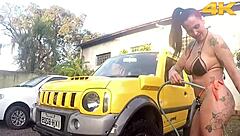 girls in public giving blowjob to guy's monster cock, flashing big natural tits