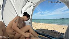 Making Him Cum On Public Beach With People Passing By