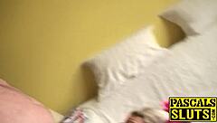 Chubby subslut Saskia squirts slammed and fed with jizz