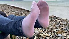 Beautiful Nylon Feet Jeans Outdoor Teasing
