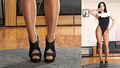 asian girl in pantyhose and leotard practices her dance