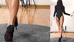 asian girl in pantyhose and leotard practices her dance